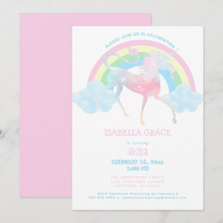 Unicorn Rainbow Baby Girl 1st Birthday Invitation