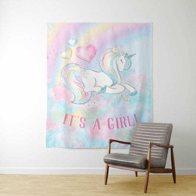 Unicorn Rainbow Baby Shower Backrop Banner Tapestry (In Situ)