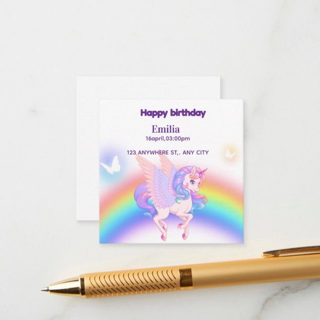 Unicorn Rainbow Birthday Invitation Enclosure Card (Front/Back In Situ)