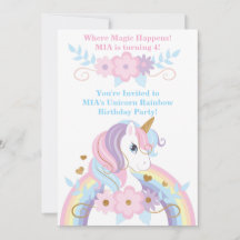 Unicorn Rainbow Birthday Invitation Girl Editable