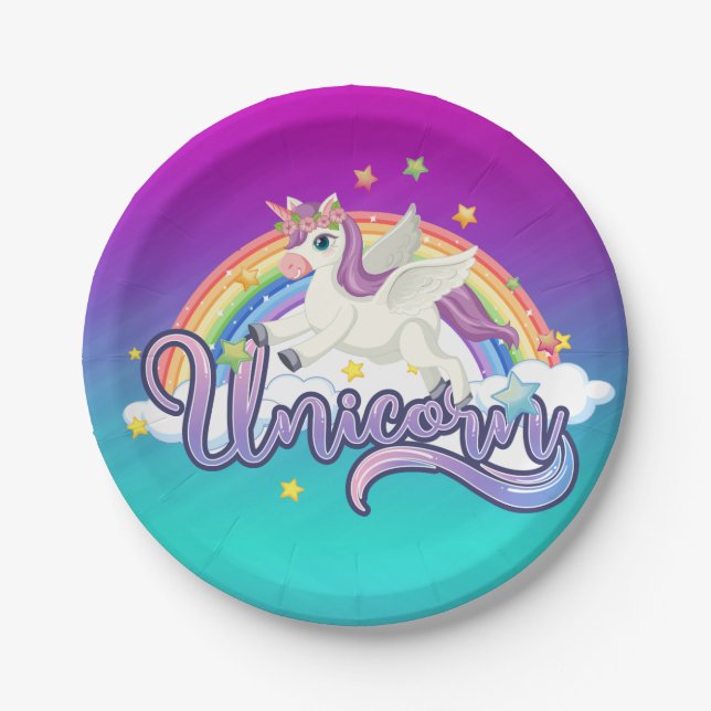 Unicorn Rainbow Birthday Magical Whimiscal  Paper Plate (Front)