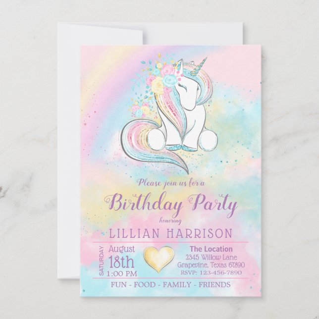 Unicorn Rainbow Birthday Party Invitations (Front)
