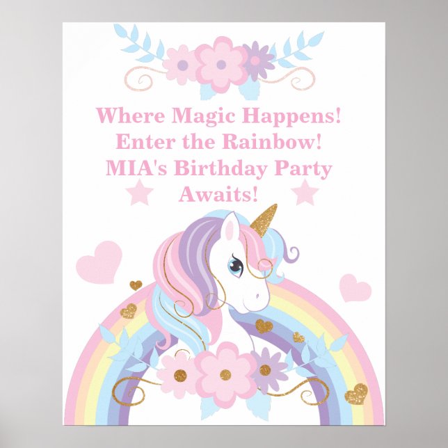 Unicorn Rainbow Birthday Poster Editable (Front)