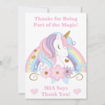 Unicorn Rainbow Birthday Thank You Card Editable