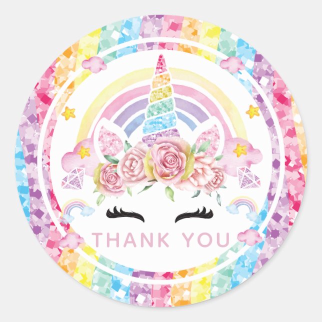 Unicorn Rainbow Birthday Thank you Classic Round Sticker (Front)