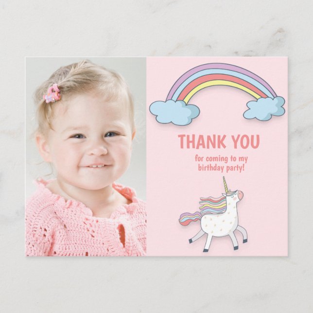 Unicorn Rainbow Child's Photo Birthday Thank You Postcard (Front)