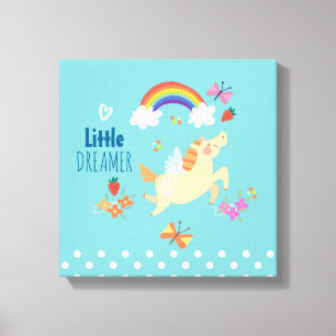 Unicorn Rainbow Clouds and Flowers Little Dreamer Canvas Print