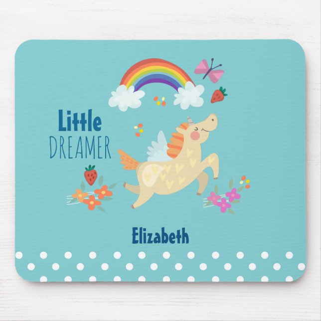 Unicorn Rainbow Clouds and Flowers Little Dreamer Mouse Pad (Front)