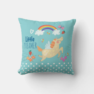 Unicorn Rainbow Clouds and Flowers Little Dreamer Throw Pillow