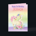 Unicorn Rainbow Colors 3rd Birthday Name Card<br><div class="desc">A magical card for a little girl’s third birthday. A lovable unicorn is against a rainbow colored backdrop, and slightly behind a big number three. Pink florals, greenery and a cake complete the design. The text can be easily personalized inside and out, and you can also change the font and...</div>