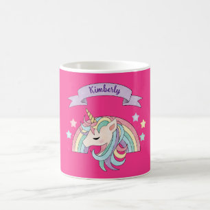 Unicorn & Rainbow Custom Name on Hot Pink Coffee Mug