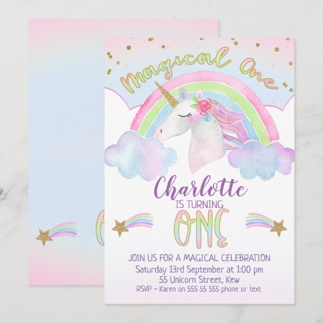 Unicorn Rainbow First Birthday Invitation (Front/Back)