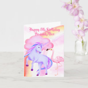 Unicorn Rainbow Flamingo Girls 8th Birthday Card