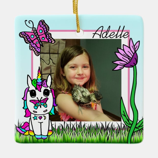 Unicorn, Rainbow, Flower Name and Photo Christmas Ceramic Ornament (Front)