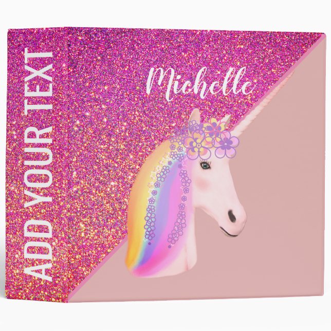 Unicorn Rainbow Flowers Pink Glitter Personalized Binder (Front/Spine)