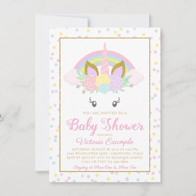 Unicorn Rainbow Girl Baby Shower Invitations (Front)