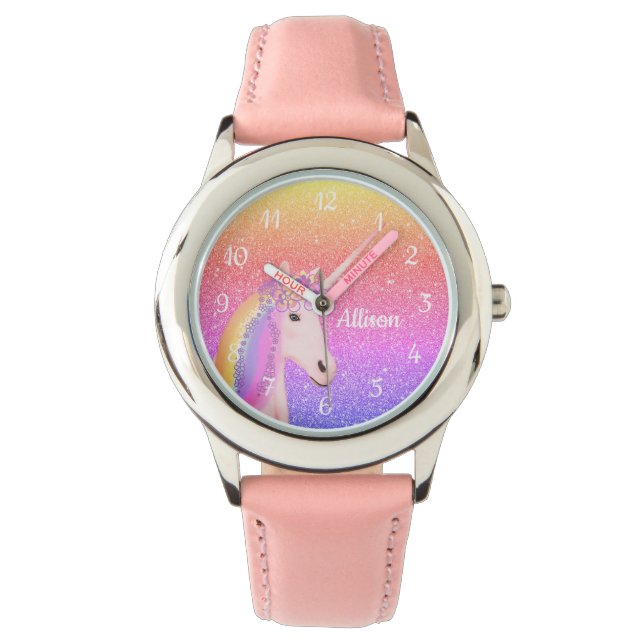 Unicorn Rainbow Glitter Blush Pink Personalized Watch (Front)