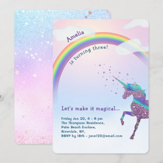 Unicorn Rainbow Glitter Stars Magical Birthday Invitation
