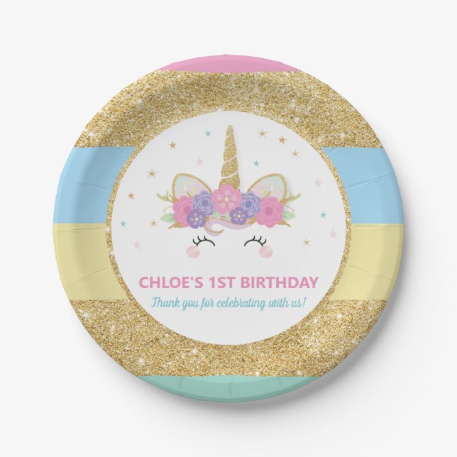 Unicorn Rainbow Gold Glitter Birthday Party Paper  Paper Plate (Front)