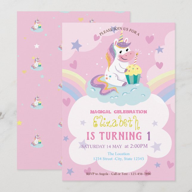 Unicorn Rainbow Hearts Stars Birthday Invitation (Front/Back)