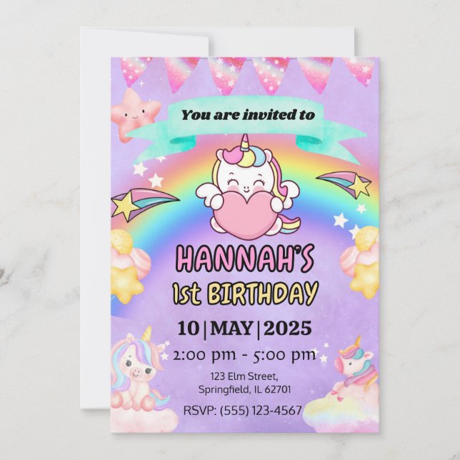 Unicorn Rainbow Invitation 1ère fête d'anniversair (Devant)