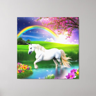 Unicorn Rainbow Landscape Flowers One Canvas Print