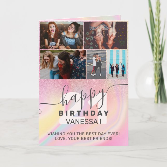 Unicorn rainbow marble glitter birthday photo grid card (Front)