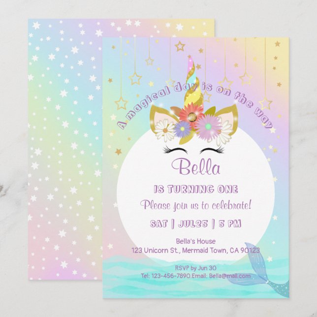Unicorn Rainbow Mermaid First Birthday Invitations (Front/Back)