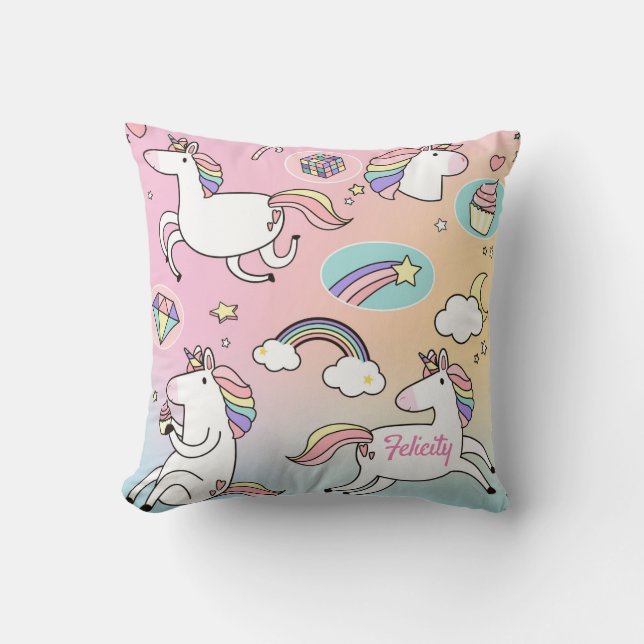 Unicorn Rainbow Monogram Colourful Girly Cute Throw Pillow (Front)