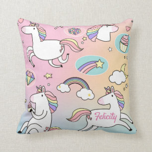 Unicorn Rainbow Monogram Colourful Girly Cute Throw Pillow