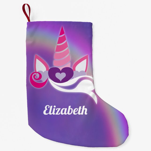 Unicorn Rainbow Monogram Purple Small Christmas Stocking (Front)