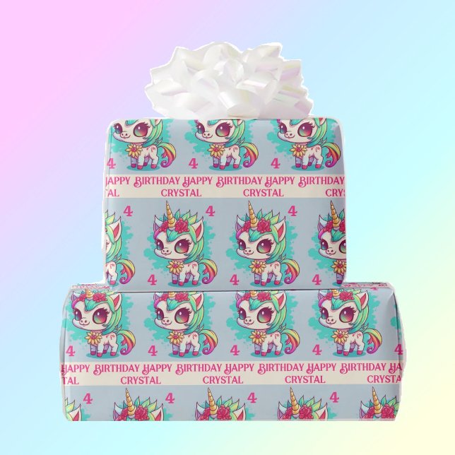 Unicorn Rainbow Personalize Name & Age Girl's Wrapping Paper (Creator Uploaded)
