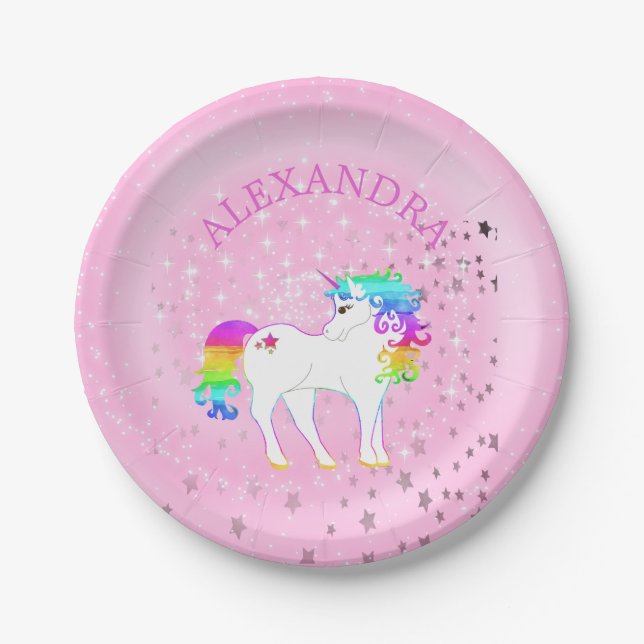 Unicorn Rainbow Pink Cute  Birthday Paper Plate (Front)