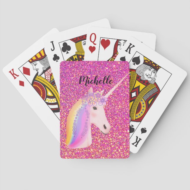 Uniçorn Rainbow Pink Glitter Sparkles Personalized Playing Cards (Back)