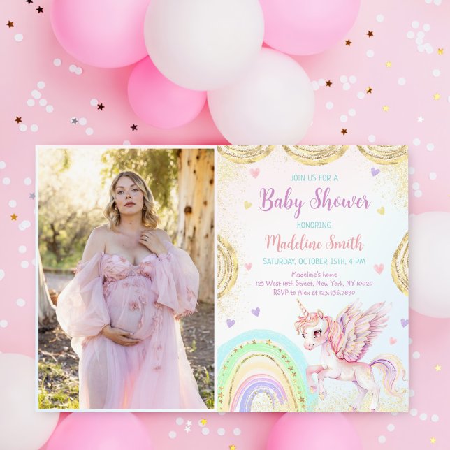 Unicorn Rainbow Pink Gold Baby Shower Photo Invitation (Creator Uploaded)