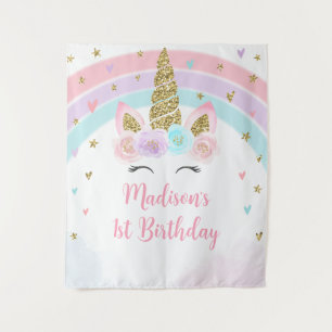 Unicorn Rainbow Pink Gold Birthday Backdrop Tapestry