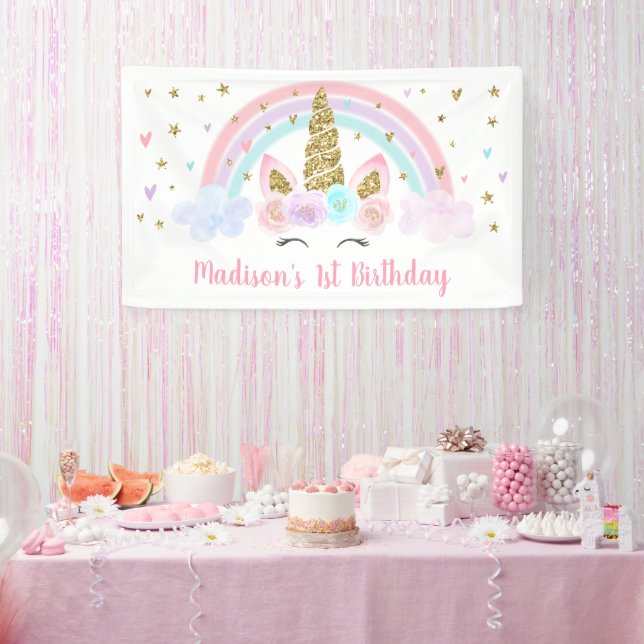 Unicorn Rainbow Pink Gold Birthday Banner (Party)