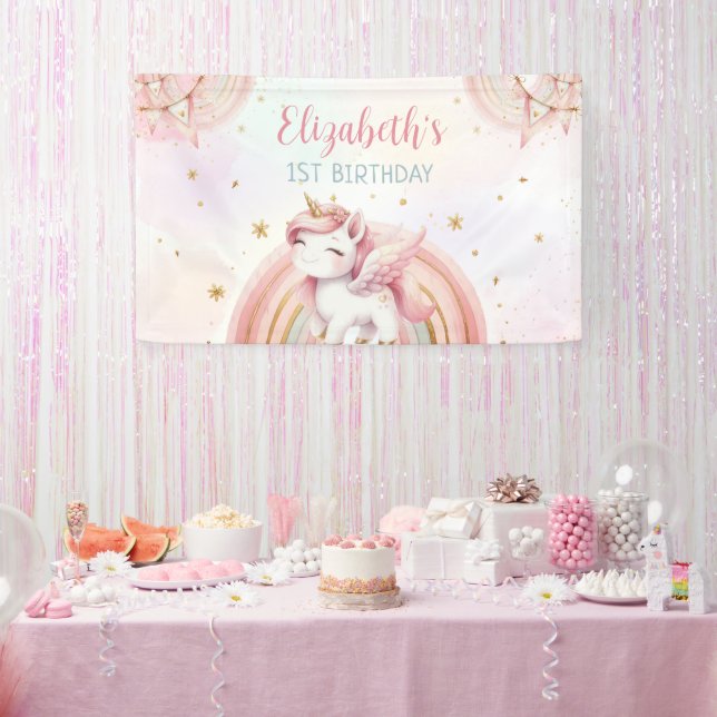 Unicorn Rainbow Pink Gold Pastel Birthday Banner (Party)