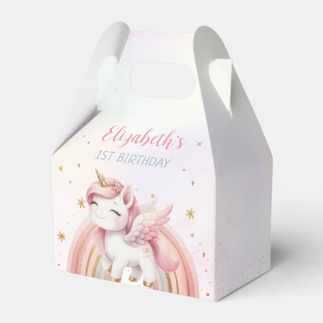 Unicorn Rainbow Pink Gold Pastel Birthday Favor Box (Front Side)