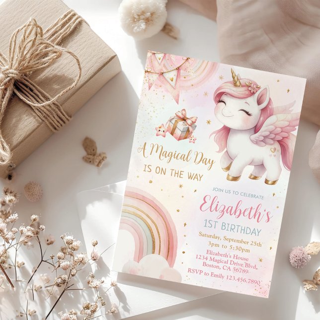 Unicorn Rainbow Pink Gold Pastel Birthday Invitation (Creator Uploaded)