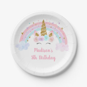 Unicorn Rainbow Pink Gold Pastel Birthday Paper Plate