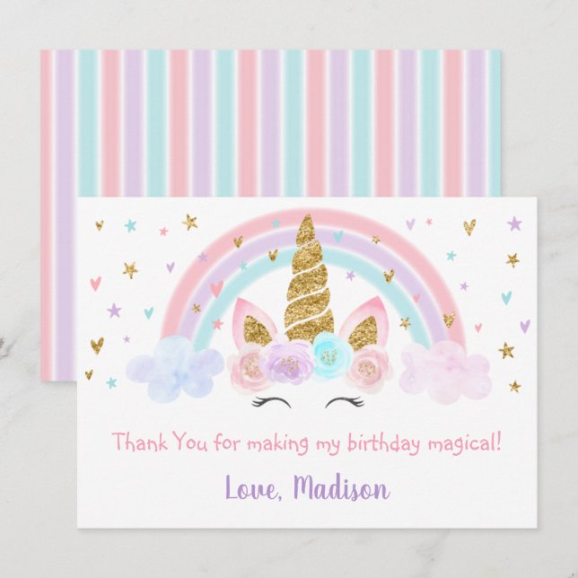Unicorn Rainbow Pink Gold Thank You Card (Front/Back)