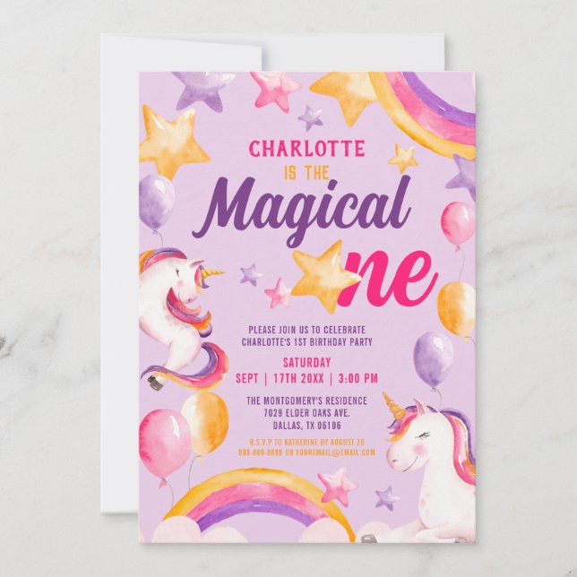 Unicorn Rainbow Purple Magical One 1st Birthday Invitation (Front)