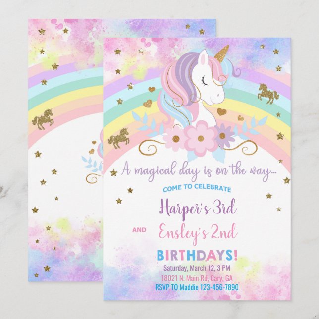 Unicorn & rainbow siblings birthday invitation. invitation (Front/Back)