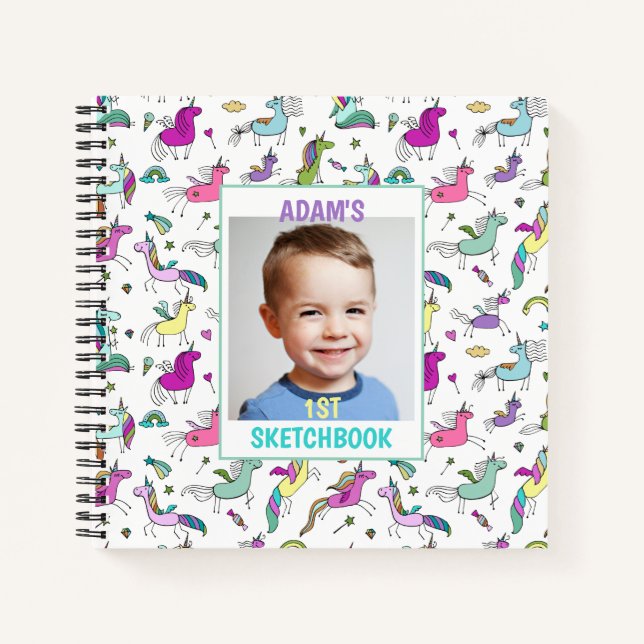 Unicorn Rainbow Sketchbook Personalized Photo Name Notebook (Front)