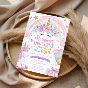 Unicorn Rainbow Sparkles Gold 7th Birthday Invitation