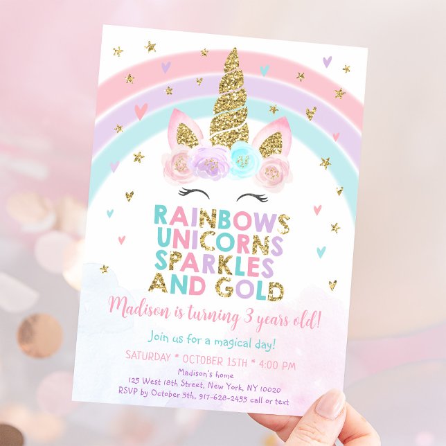 Unicorn Rainbow Sparkles Gold Birthday Invitation (Creator Uploaded)