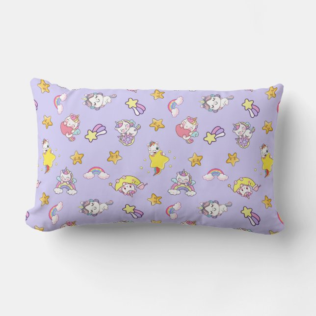 Unicorn Rainbow Star Light Purple Themed Lumbar Pillow (Front)