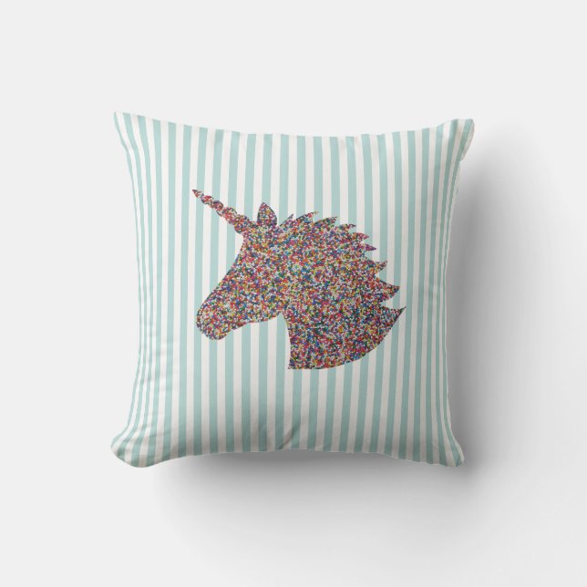 Unicorn Rainbow Teal and White Stripe Throw Pillow (Front)