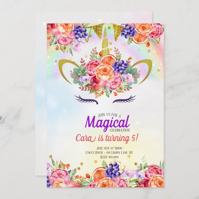 Unicorn Rainbow Tropical Birthday Invitation (Front/Back)